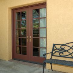 Brown framed glass doors. 